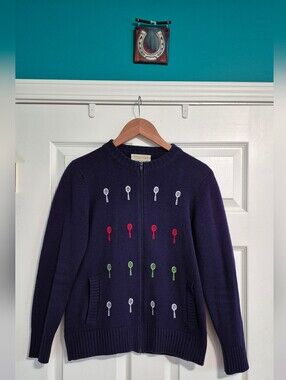 Vintage Navy Zip-Front Women's Sweater with Emroidered Tennis Rackets